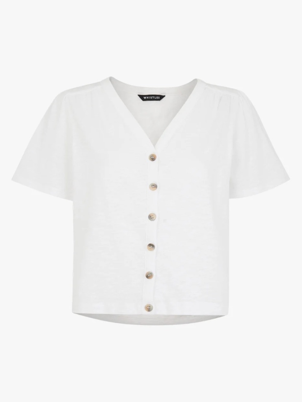 Whistles Maeve White Cotton V-Neck Button Tee, Size XS
